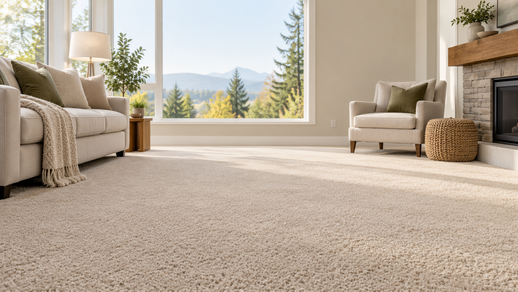 Illustrative carpeted living room, not a TelTac project photo