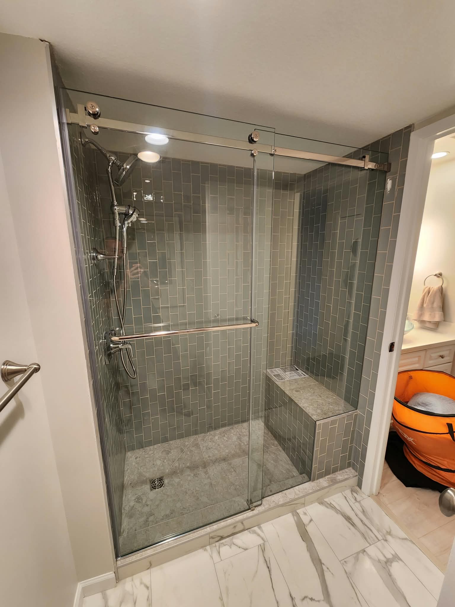 Ladner shower and washroom tile project, photo 1; shower glass enclosure installed by WaveGlass