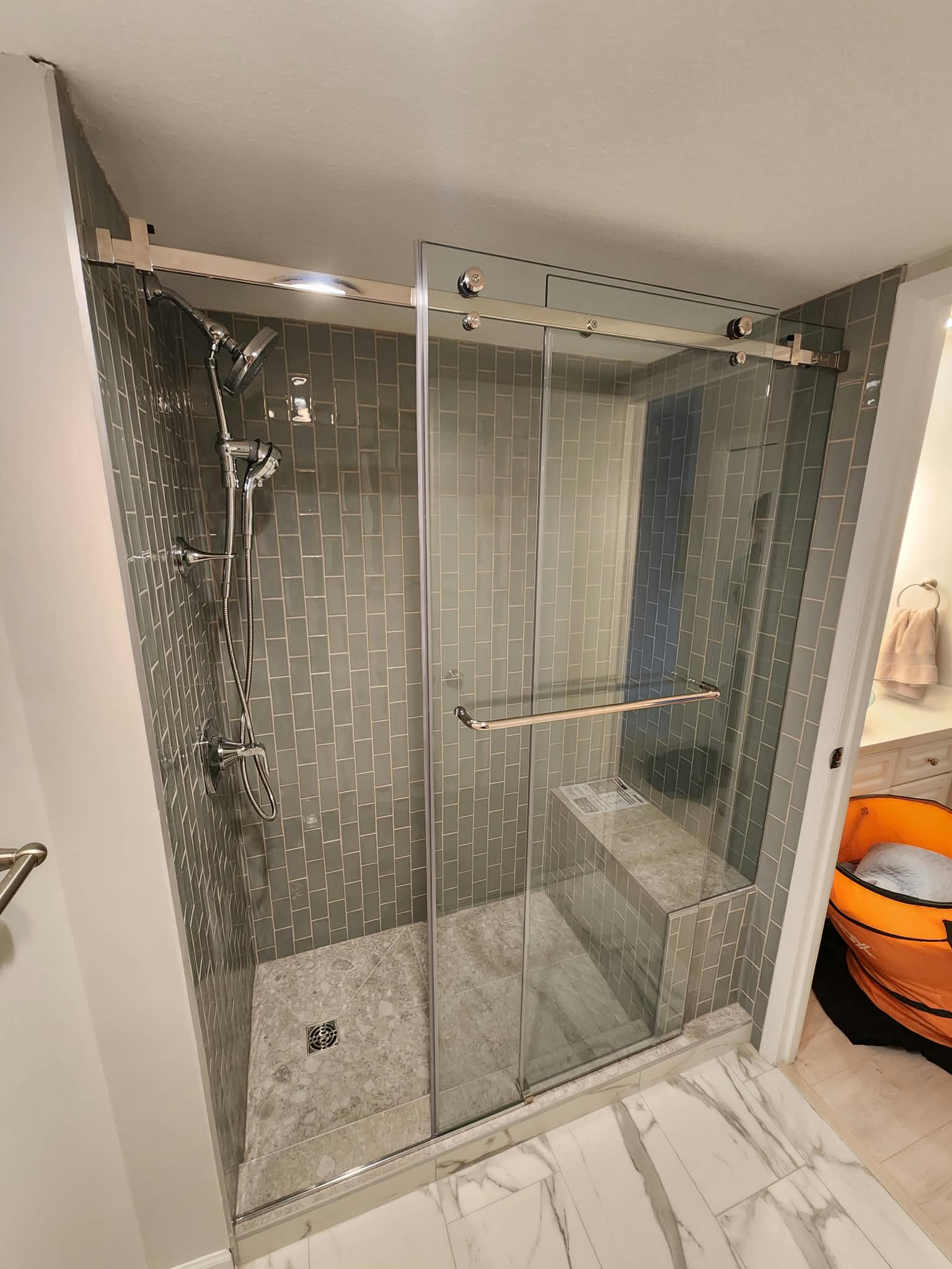 Ladner shower and washroom tile project, photo 3; shower glass enclosure installed by WaveGlass